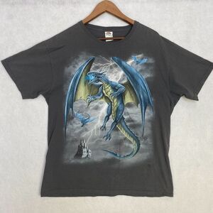 Grunge‎ Y2K Faded Dragon In Flight Mens Large Print Tshirt Fruit of the Loom